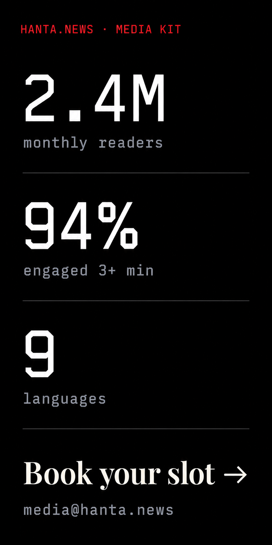 2.4M monthly readers · 94% engaged 3+ min · 9 languages · Book your slot at omarbastos@gmail.com